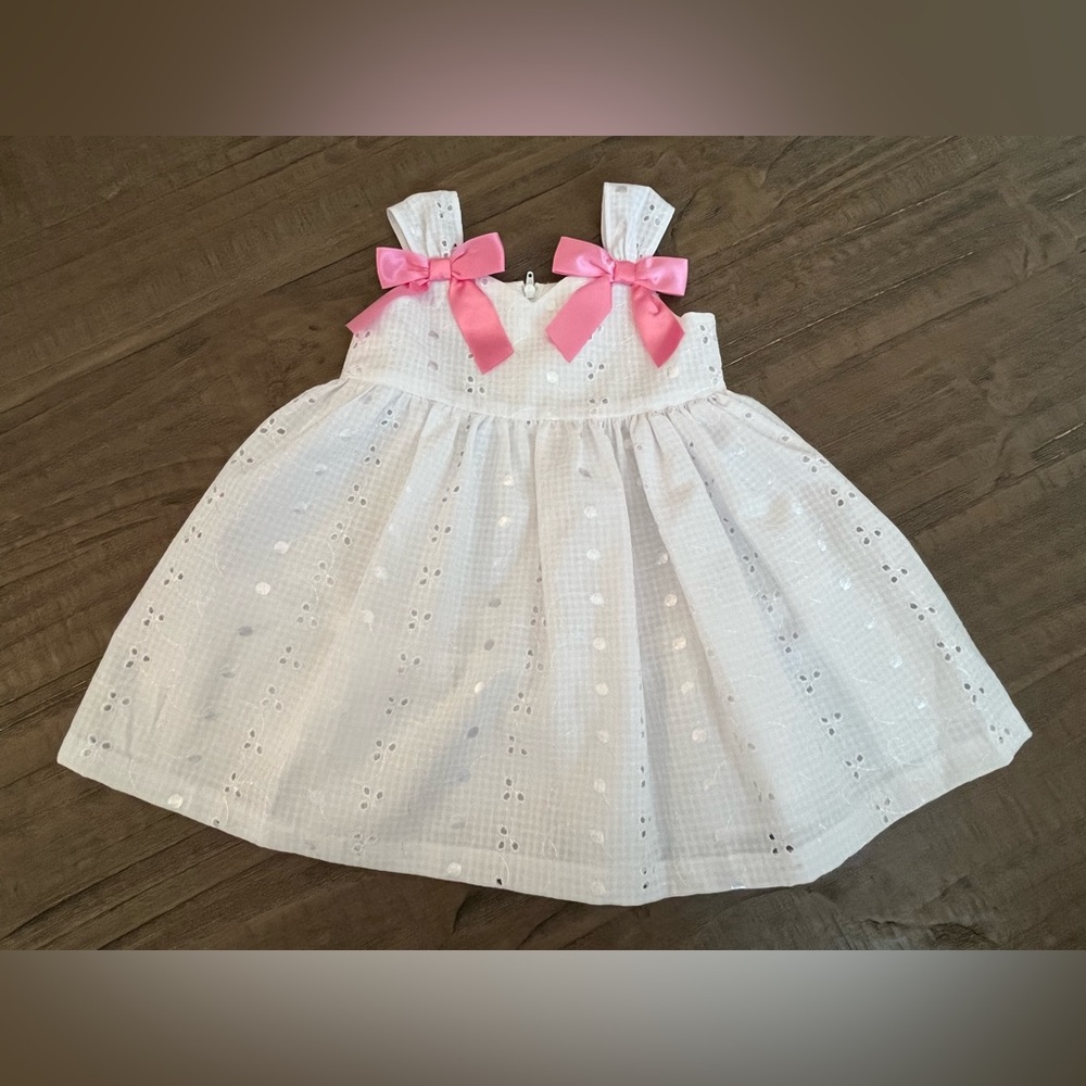 White Eyelet and Pink Bow Summer Dress